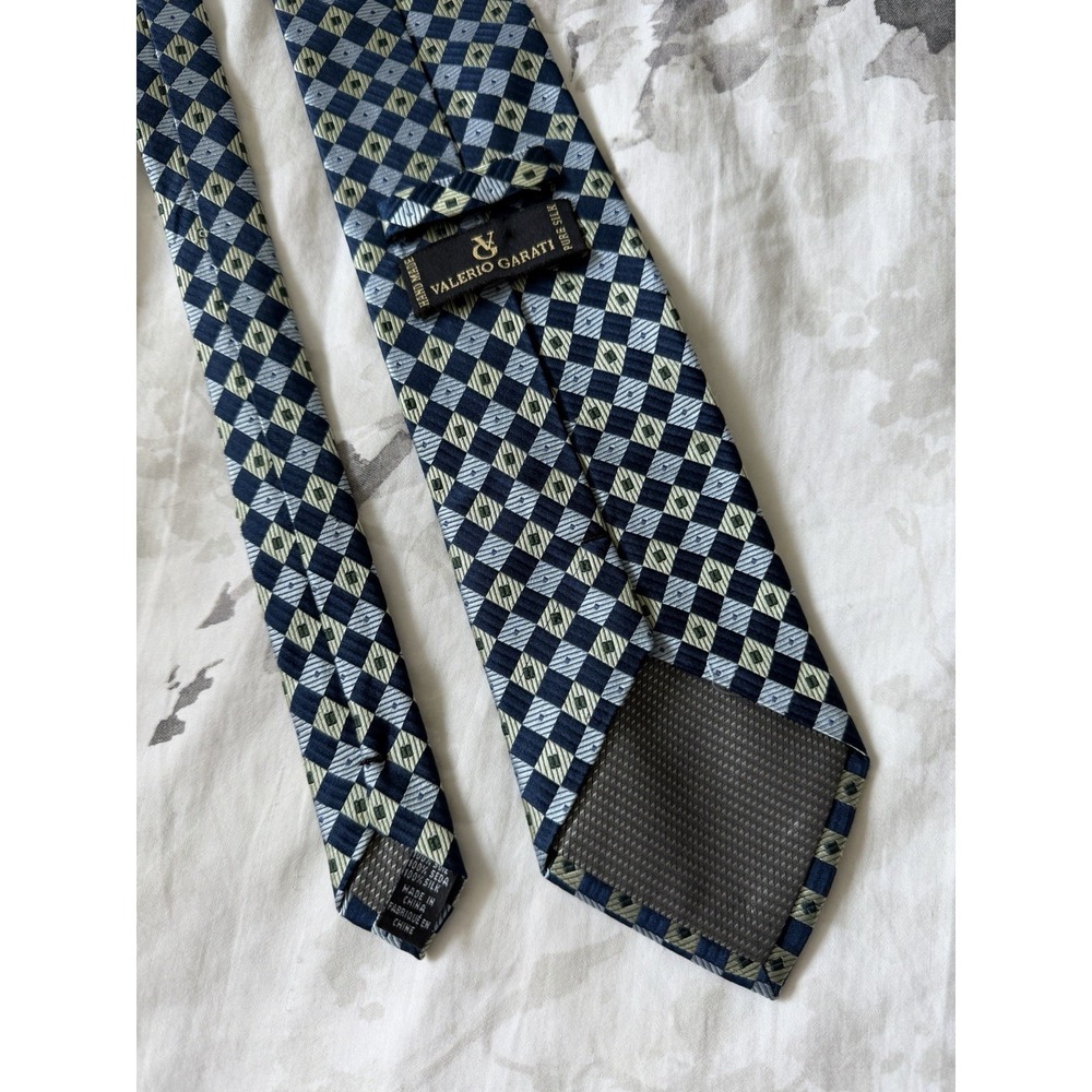 Valerio Garati Blue Check Geometric Woven Jacquard 100% Silk Tie Formal Preppy